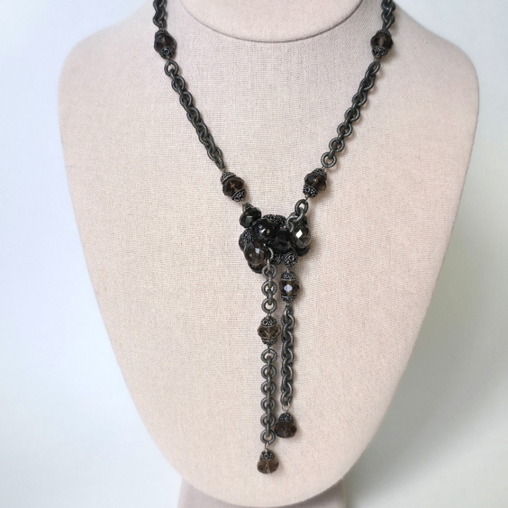 Sterling Silver 925 Smokey Gray Glass Bead Cluster Tassel Necklace